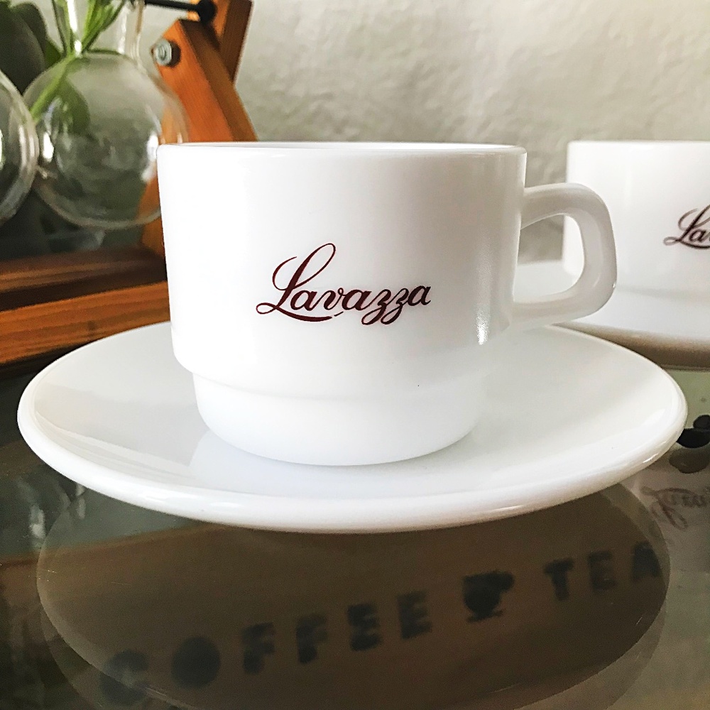 Vintage Lavazza Espresso Milk Glass Cups Saucers by Arcopal France, Set of Two ☕